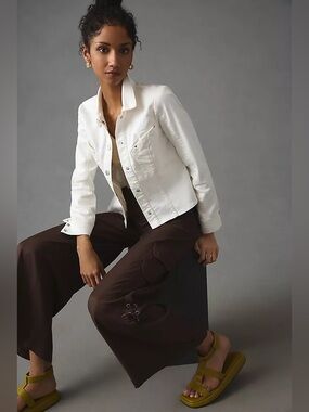 Anthropologie Maeve Women’s White Denim Jean Jacket Size L Button Front